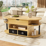 Modern Wood Grain Coffee Table with Lifting Function, Storage, and Black Fabric Drawers