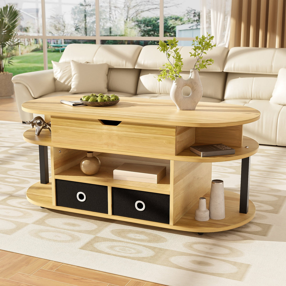 Modern Wood Grain Coffee Table with Lifting Function, Storage, and Black Fabric Drawers
