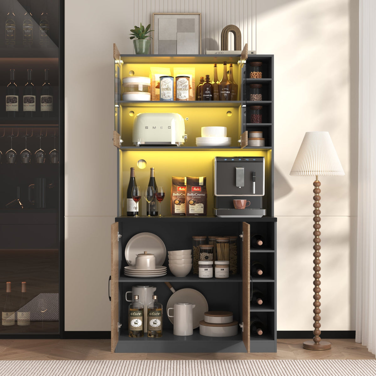 Kitchen Highboard Buffet 100x187cm LED Lighting Microwave Storage - Wooden