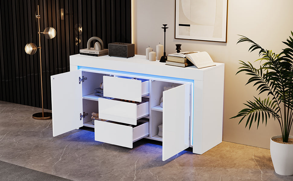 Living Room Cabinet 140cm 3 Drawers 2 Doors LED High-Gloss White