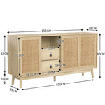 Sideboard, 3 Sliding Real Rattan Doors & 2 Drawers, Wood Color