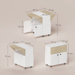 Folding Table with Rolling Cabinet, Two Folding Sides, 4 Casters, White + Natural Wood