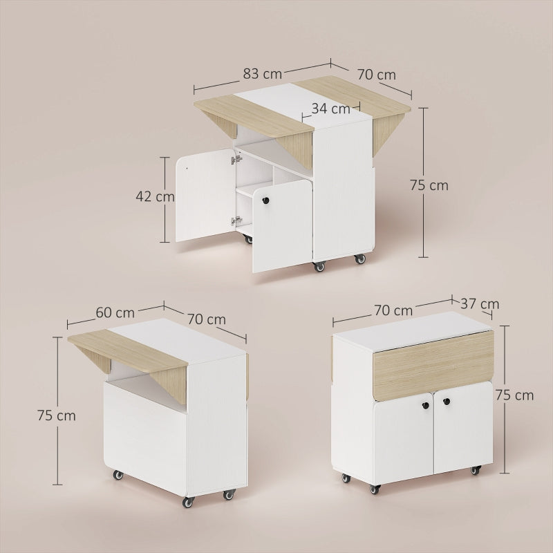 Folding Table with Rolling Cabinet, Two Folding Sides, 4 Casters, White + Natural Wood