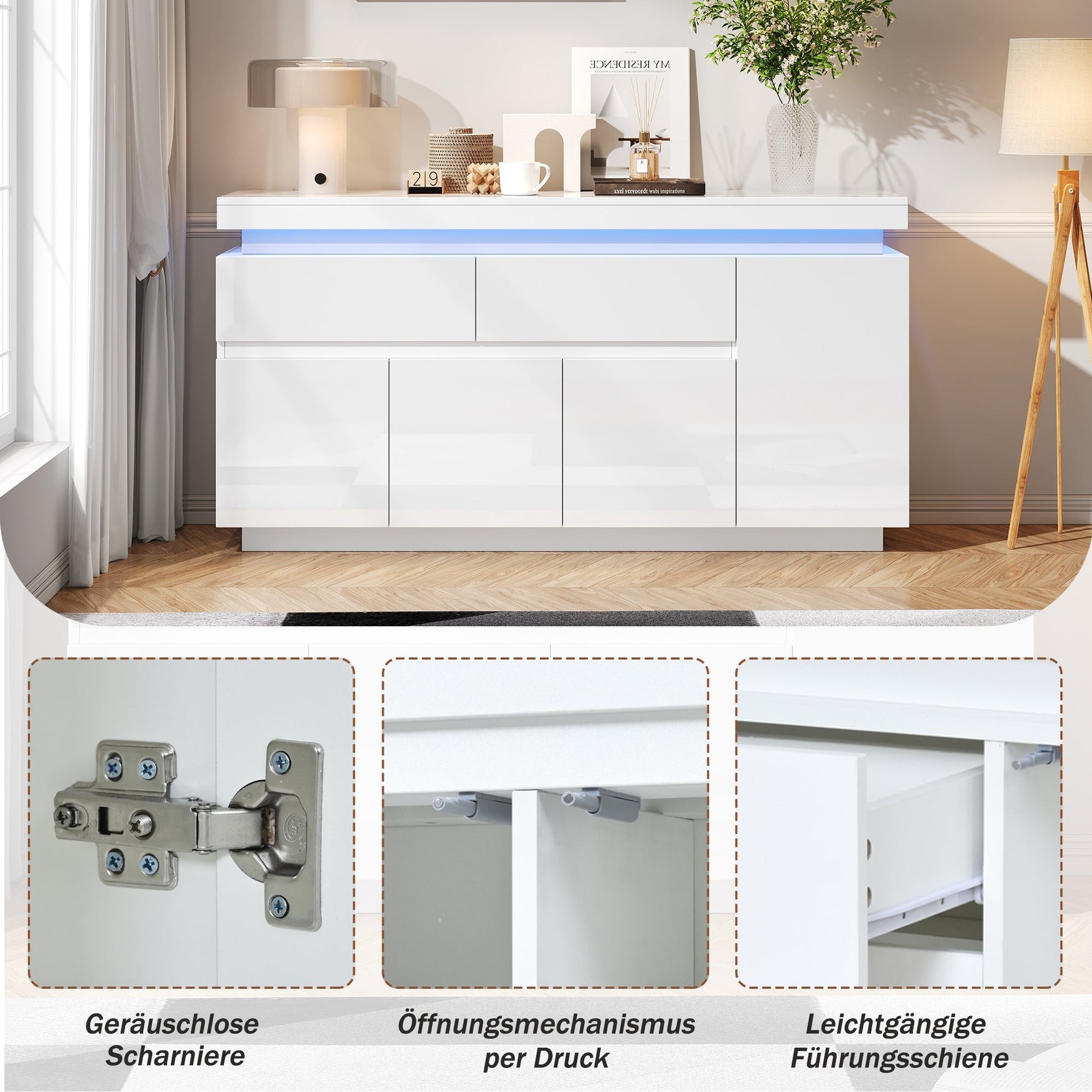 Sideboard 140x35x72.5cm High-Gloss LED 2 Drawers 4 Doors - White