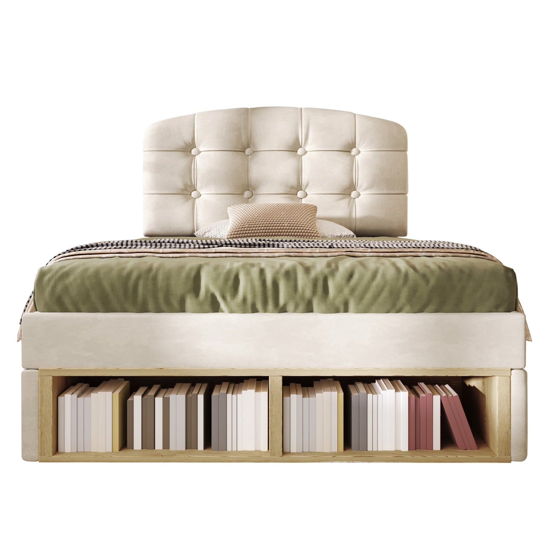 Upholstered Single Bed with Storage and Adjustable Headboard, 90x200cm, Beige Velvet