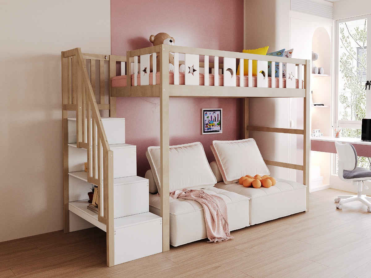 Children's Loft Bed 90*200, Storage Climbing Ladder & Safety Rails, Solid Wood