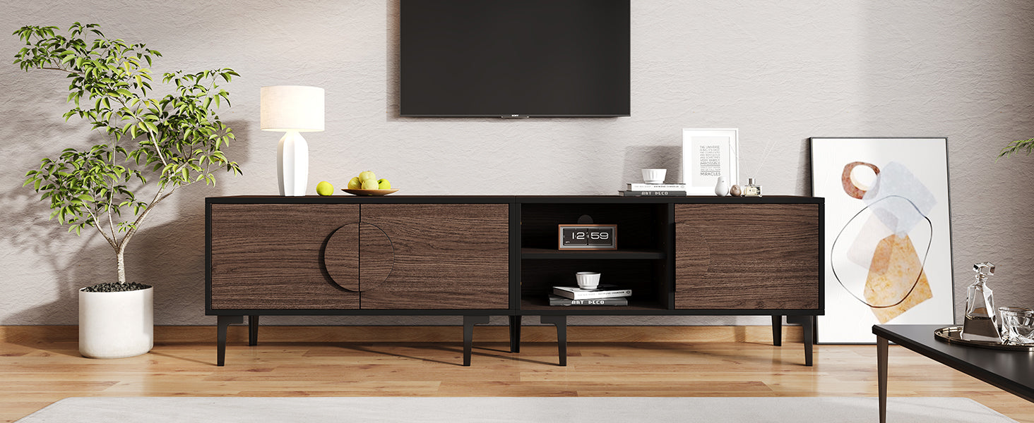 TV Cabinet Lowboard 180cm 2 Cabinets Open Shelves for 80 Inch TV - Dark Walnut