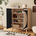 Modern Shoe Cabinet with Geometric Doors and Multi-Level Storage, Black and Natural Wood