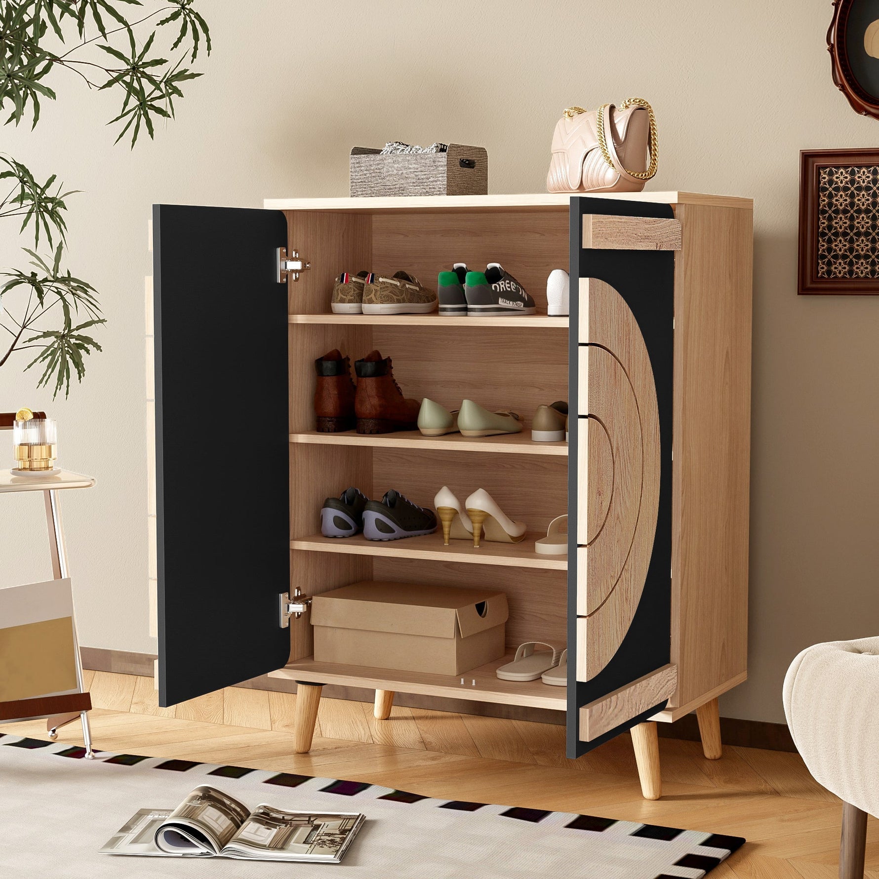 Modern Shoe Cabinet with Geometric Doors and Multi-Level Storage, Black and Natural Wood