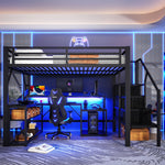 Loft Bed with Desk, LED Light Strip and Storage Staircase, 140 x 200 cm, Black Iron Frame