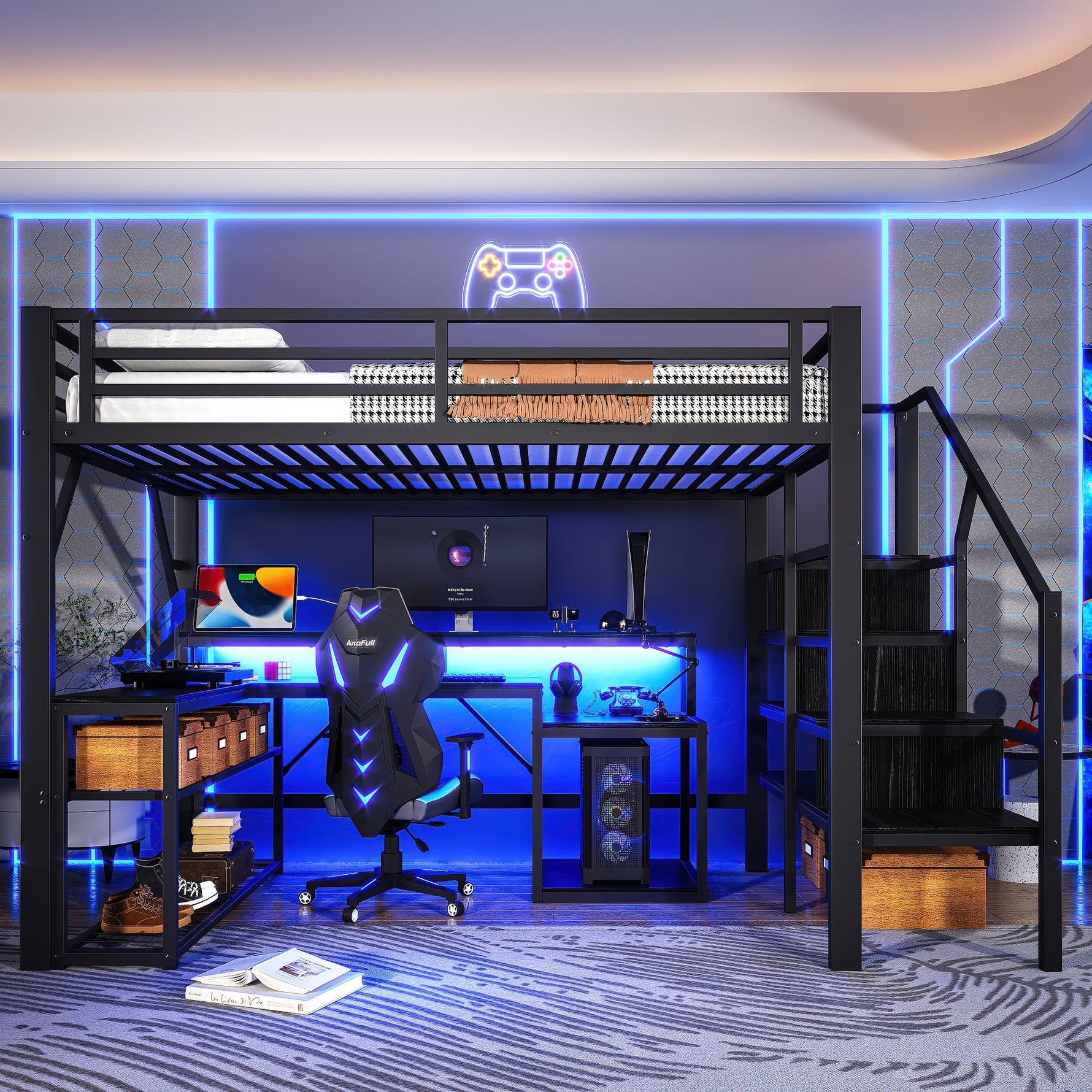 Loft Bed with Desk, LED Light Strip and Storage Staircase, 140 x 200 cm, Black Iron Frame