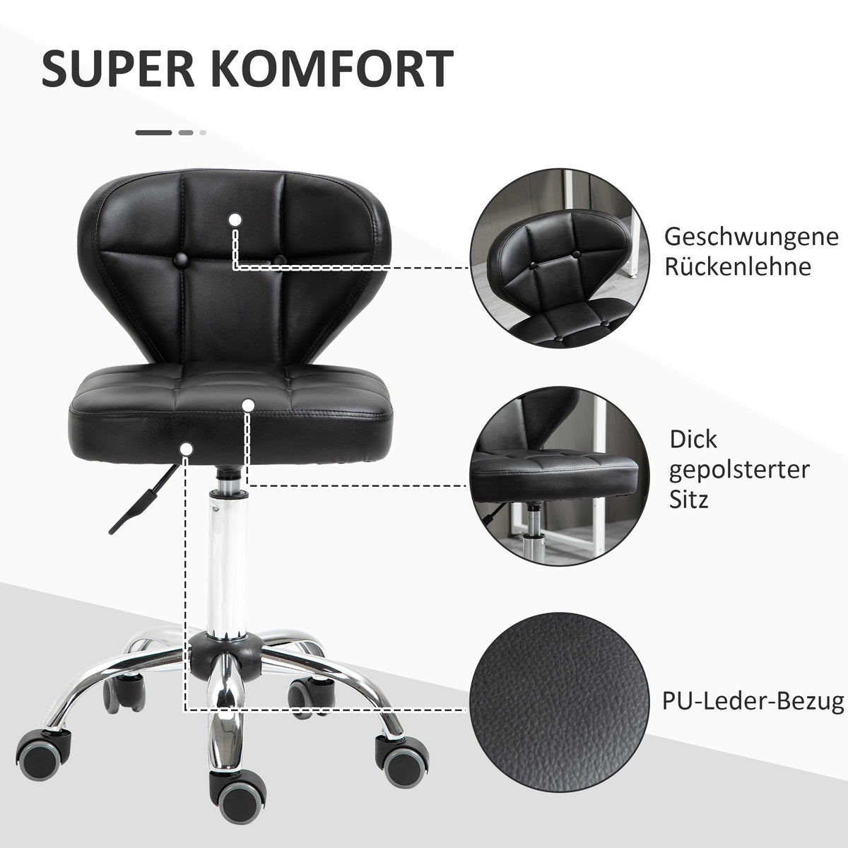 Rolling Stools, Set of 2, Swivel, Height-Adjustable, Dark Grey Faux Leather & Steel