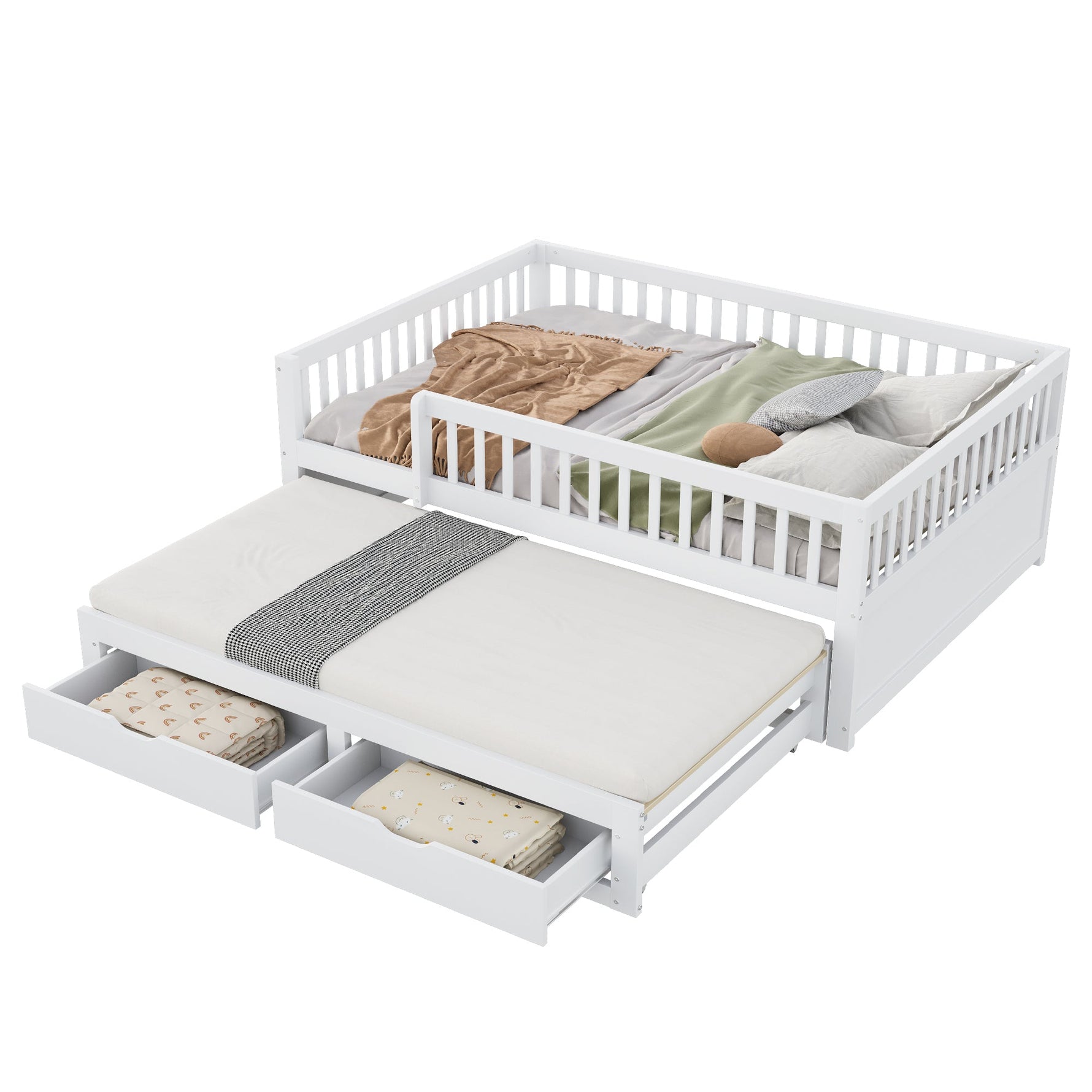 Sofa Bed, Pull-Out with Safety Gate & 2 Drawers, Solid Wood, White