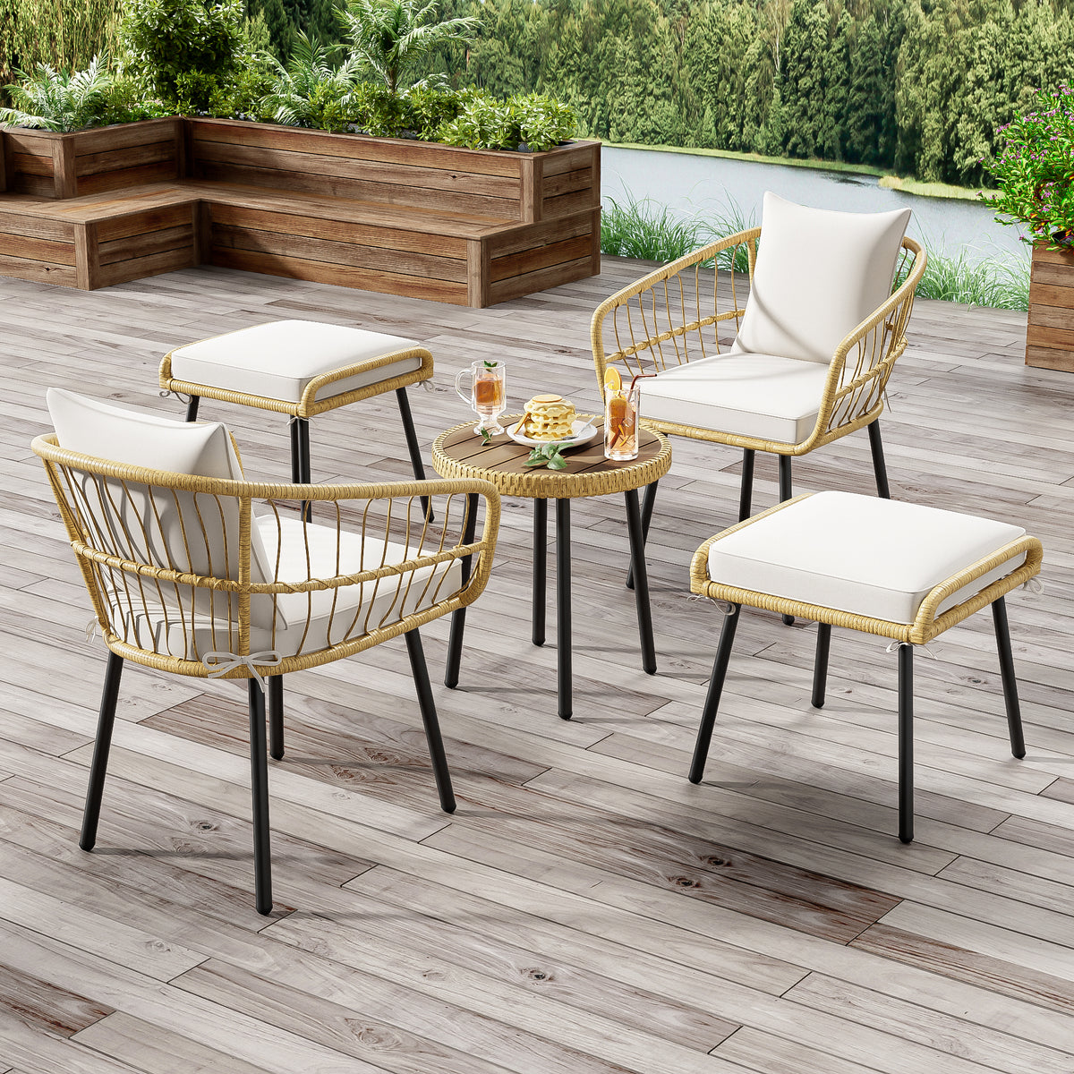 5-Piece Garden Lounge Set with Table, Chairs & Stools, Natural Rattan