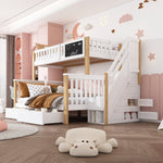 Children's Bunk Bed with Chalkboard, Drawers and Double Bed, 90x200cm and 140x200cm, White and Light Oak