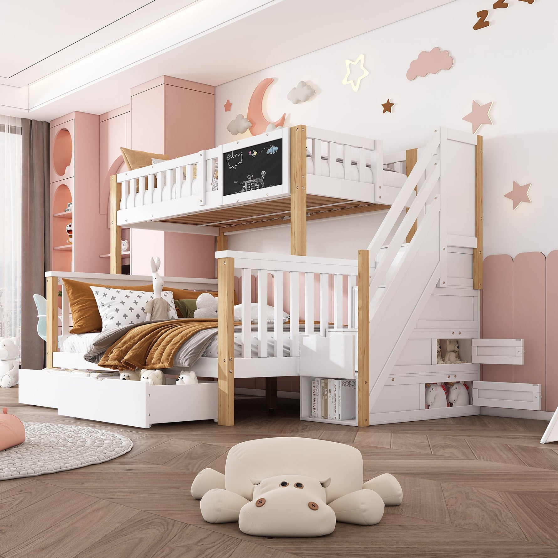Children's Bunk Bed with Chalkboard, Drawers and Double Bed, 90x200cm and 140x200cm, White and Light Oak