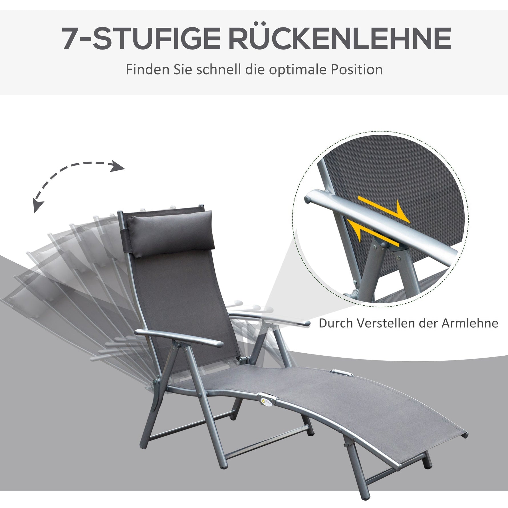 Folding Sun Lounger Deck Chair with Cushion, 7-Position Adjustable - Grey