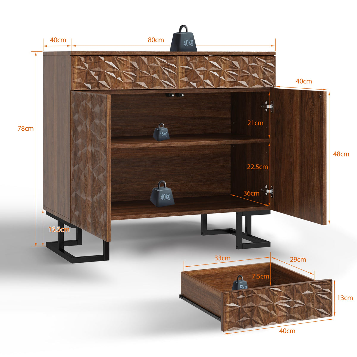 Sideboard/Chest of Drawers, 80×40×78cm, 2 Doors & 2 Drawers, Leaf Relief, Dark Walnut Look