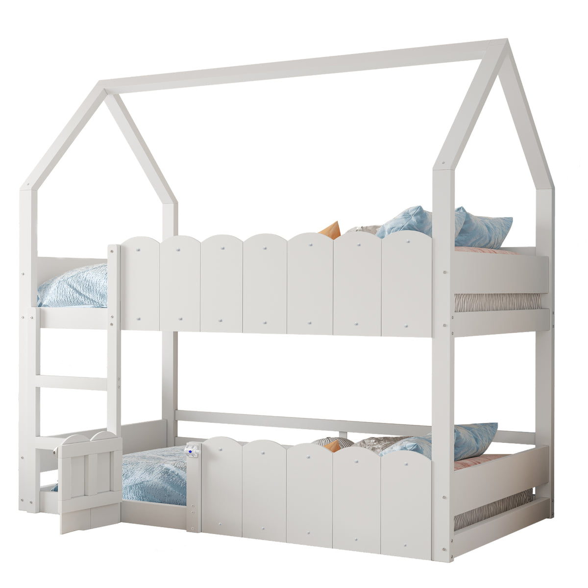 Children's Bunk Bed 90x200cm House Design with Safety Rails - White
