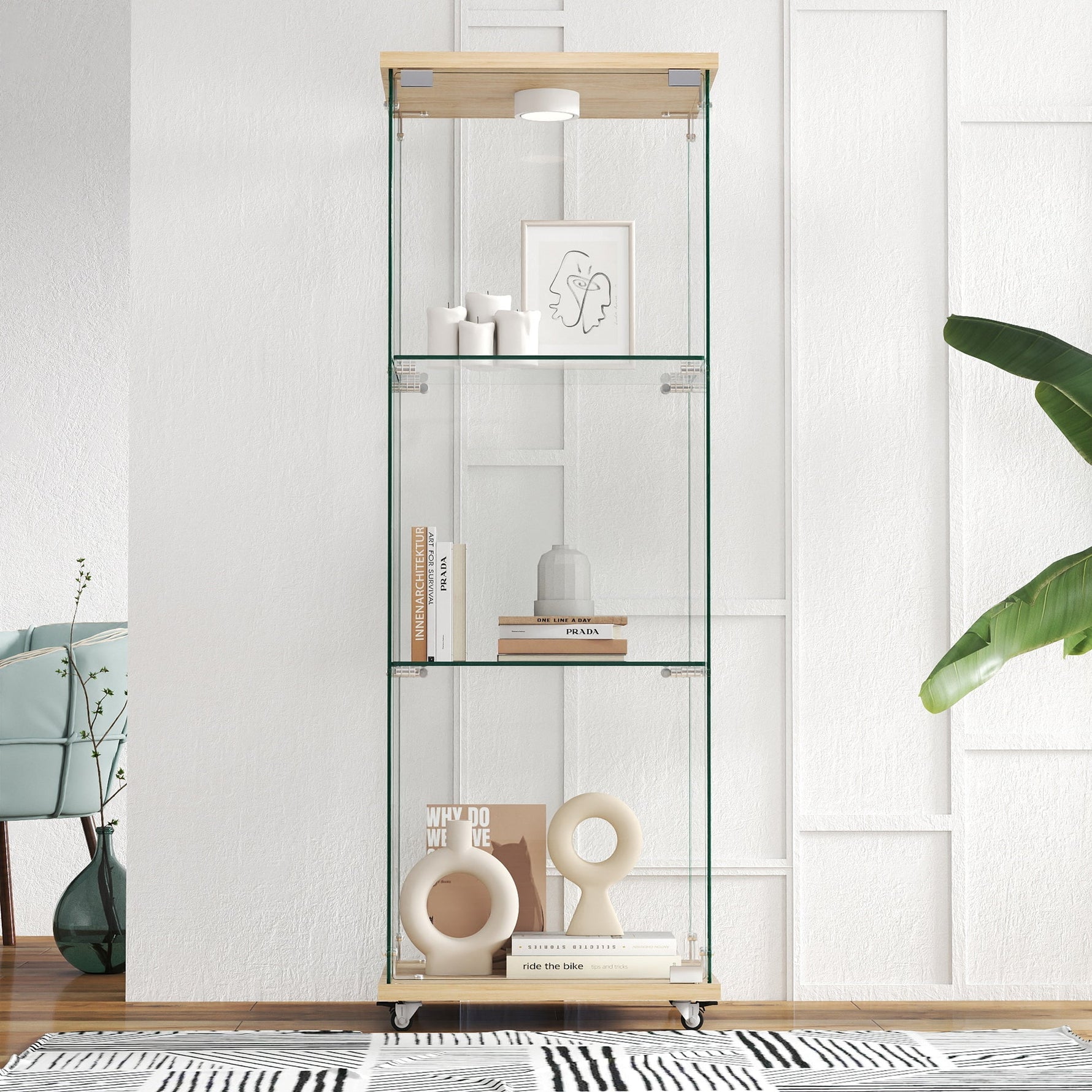 Display Cabinet Modern LED Tempered Glass Single Door 3-Tier - Natural Wood Look