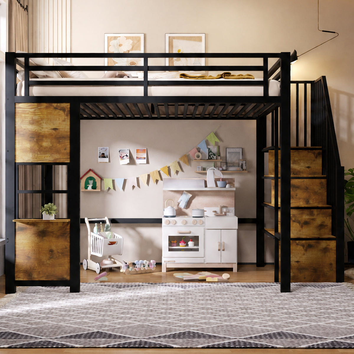 Loft Bed 140x200 cm with Storage Ladder, Black Iron Frame