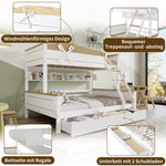 Bunk Bed with Windmill, Shelves & Drawers, Pine + MDF, White + Natural