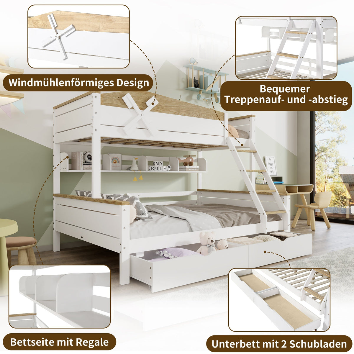 Bunk Bed with Windmill, Shelves & Drawers, Pine + MDF, White + Natural