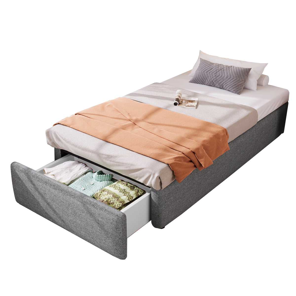 Upholstered Platform Bed 90x200cm Hydraulic Storage & Drawer, Grey