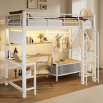 Loft Bed 90x200cm with Desk, Shelves & LED, White Iron Frame