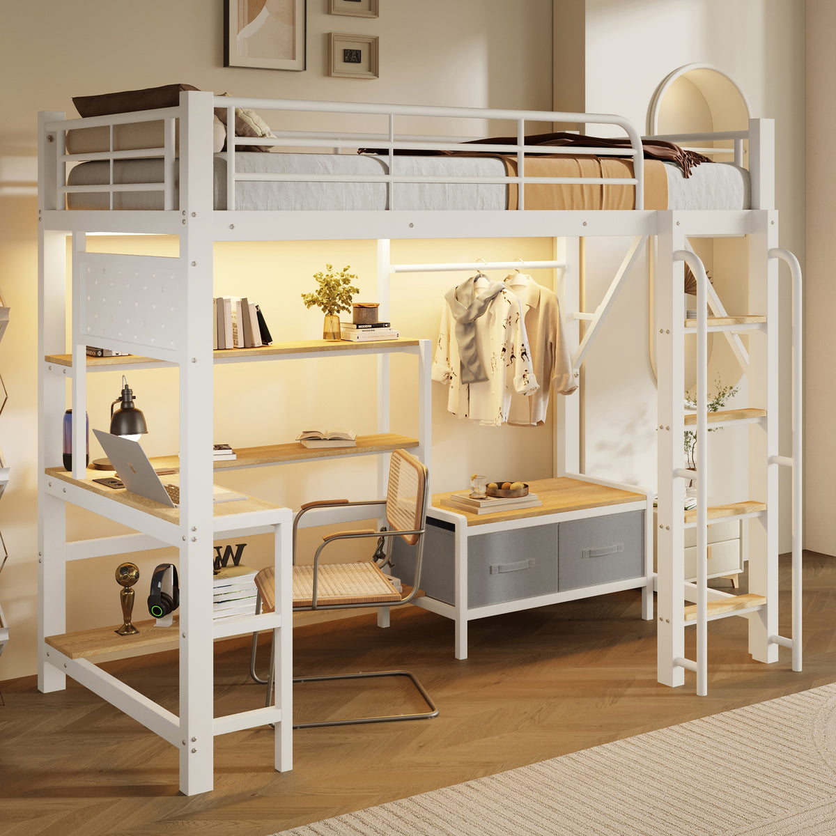 Loft Bed 90x200cm with Desk, Shelves & LED, White Iron Frame