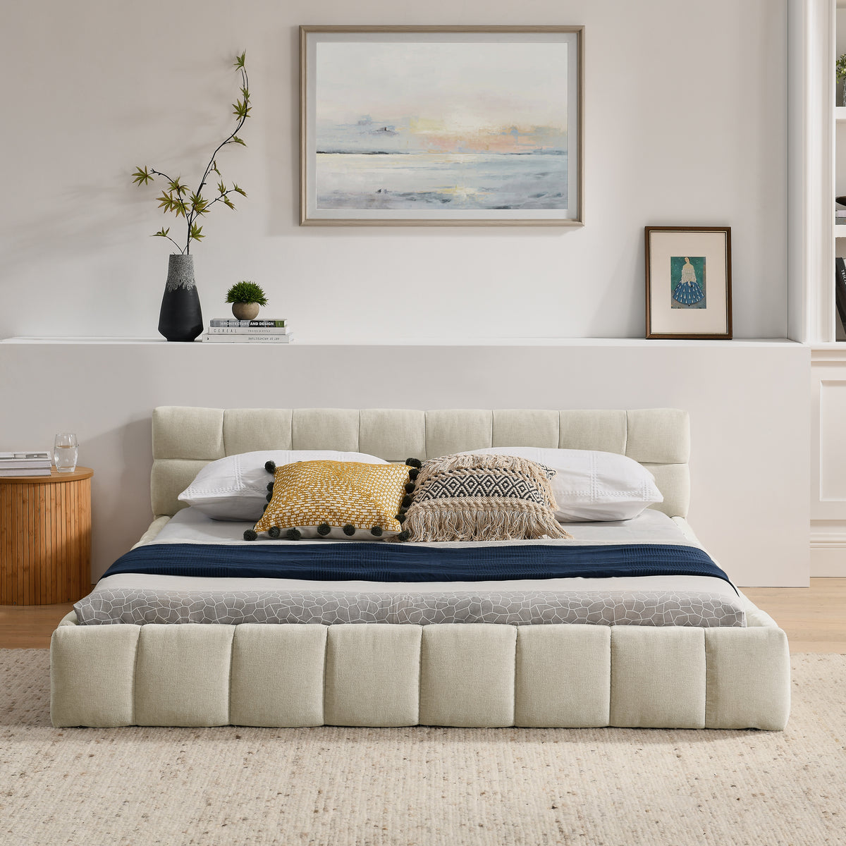 Double Bed 160x200cm Soft Quilted Frame - Beige Chenille