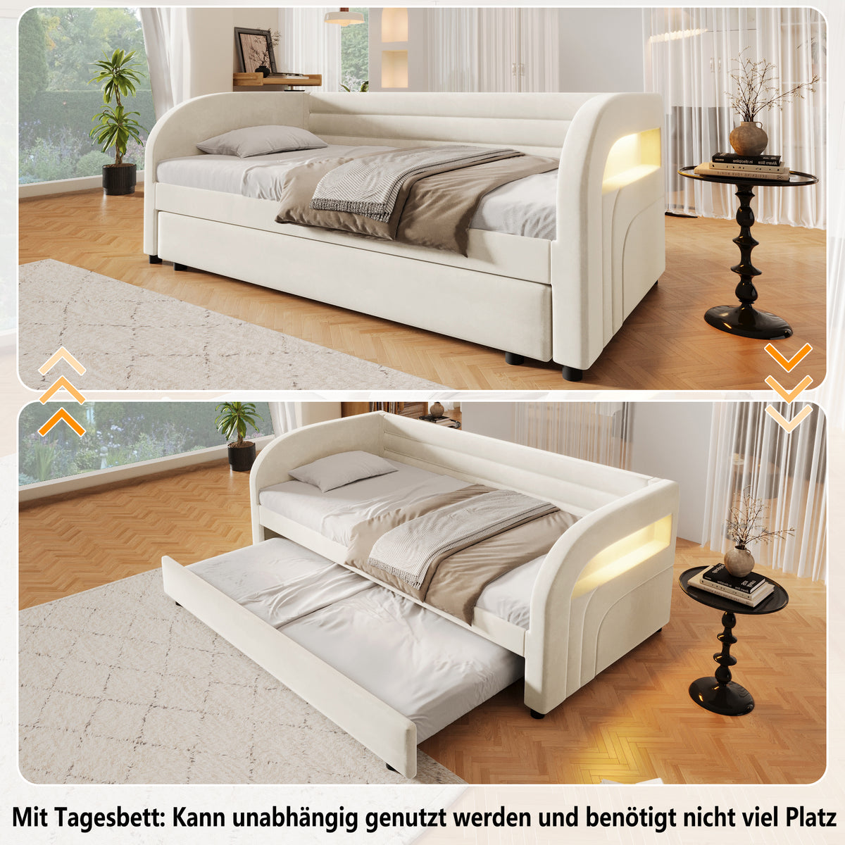 Upholstered Platform Bed 90x200 with Pull-Out Bed & LED - Beige