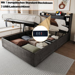 Hydraulic Bed with Storage Headboard and USB Charging, 180x200cm, Grey Wood