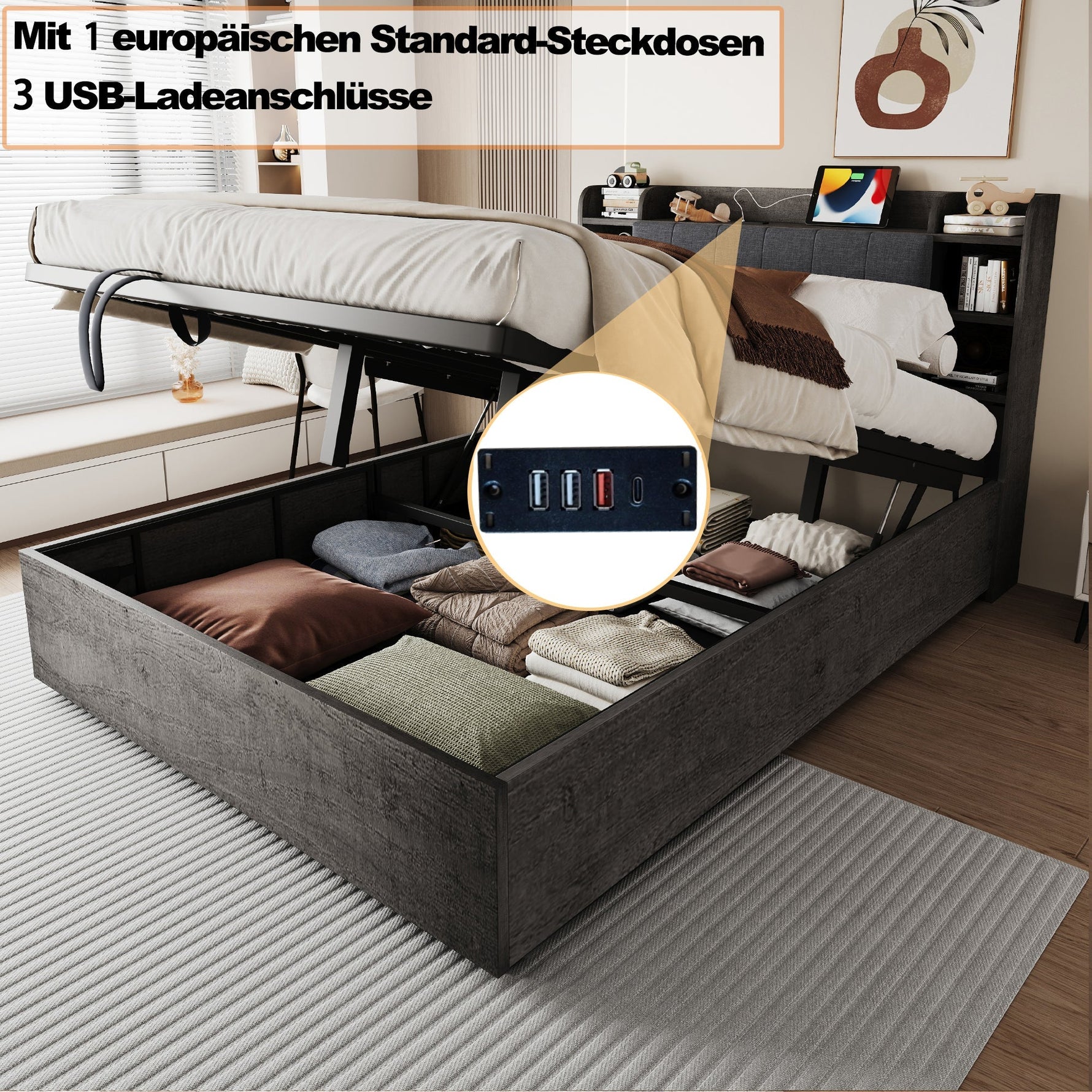 Hydraulic Bed with Storage Headboard and USB Charging, 180x200cm, Grey Wood