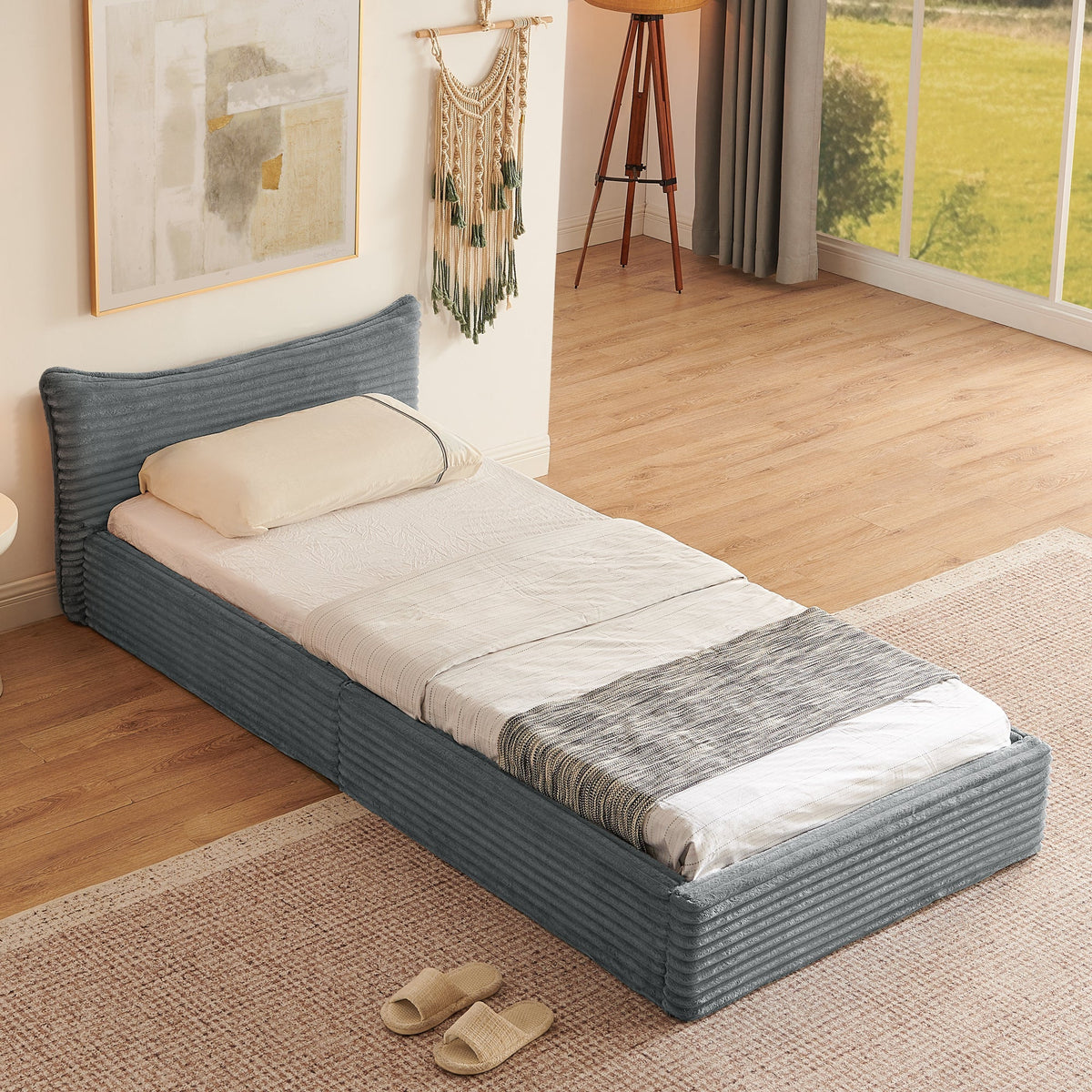 Single Bed 90x200cm Corduroy Cover Wood/Iron Frame - Dark Grey