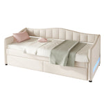 Daybed with Pull-Out Trundle Bed and LED Lighting, 90x200cm, Beige Linen