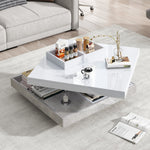 Double Coffee Table, High-Gloss 360° Swivel Top with Storage, White Marble