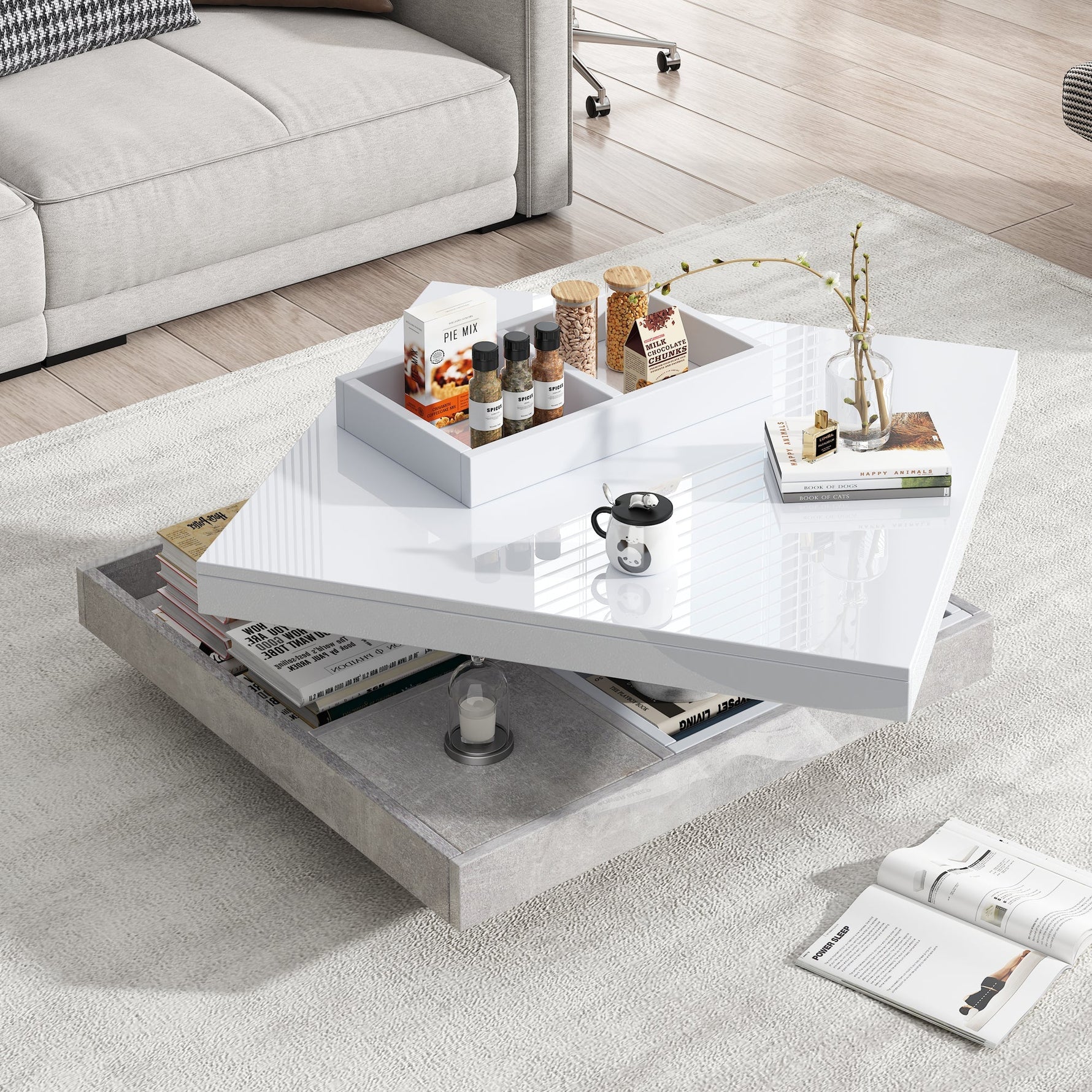 Double Coffee Table, High-Gloss 360° Swivel Top with Storage, White Marble