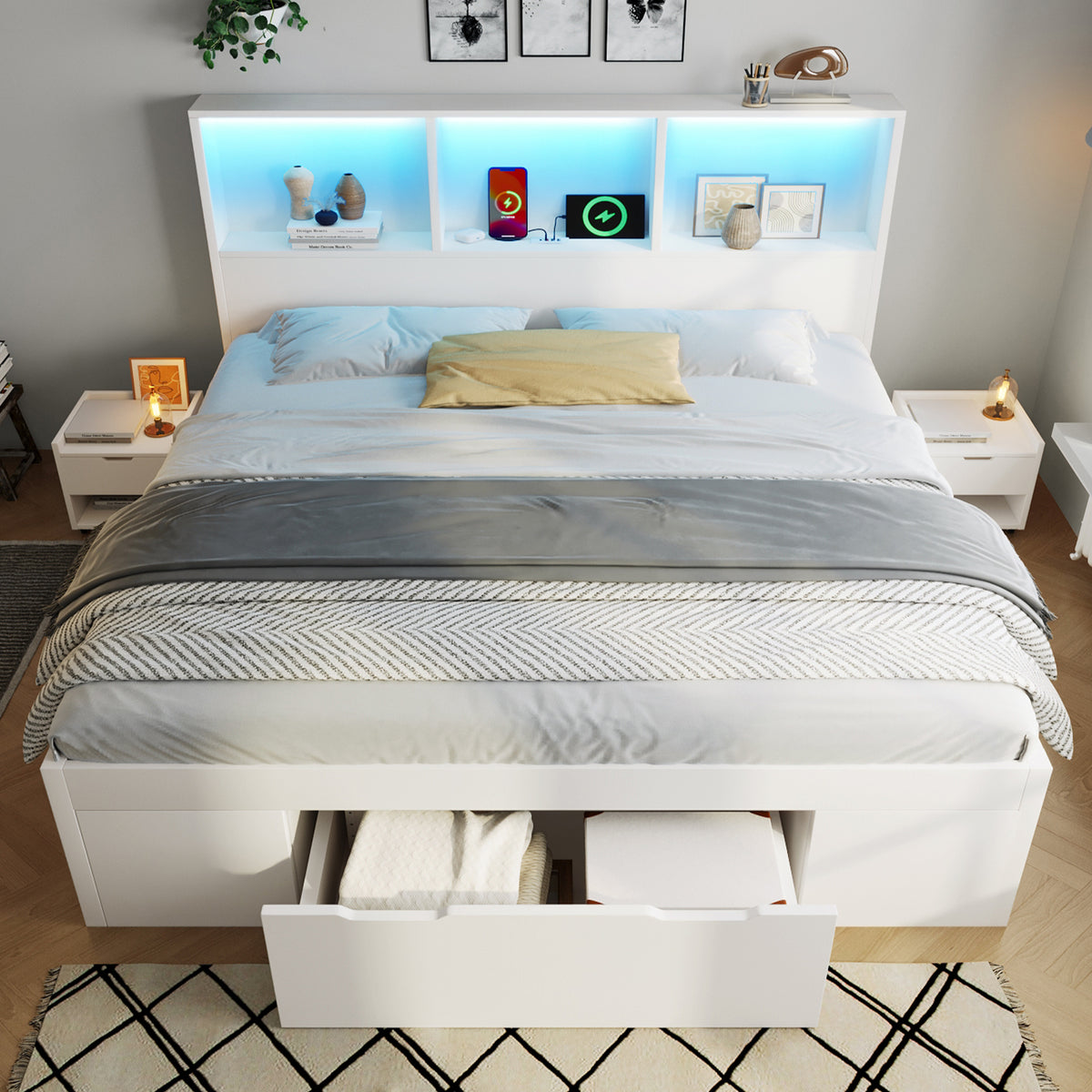 Double Bed 140x190cm with Storage, LED & USB, White Wood
