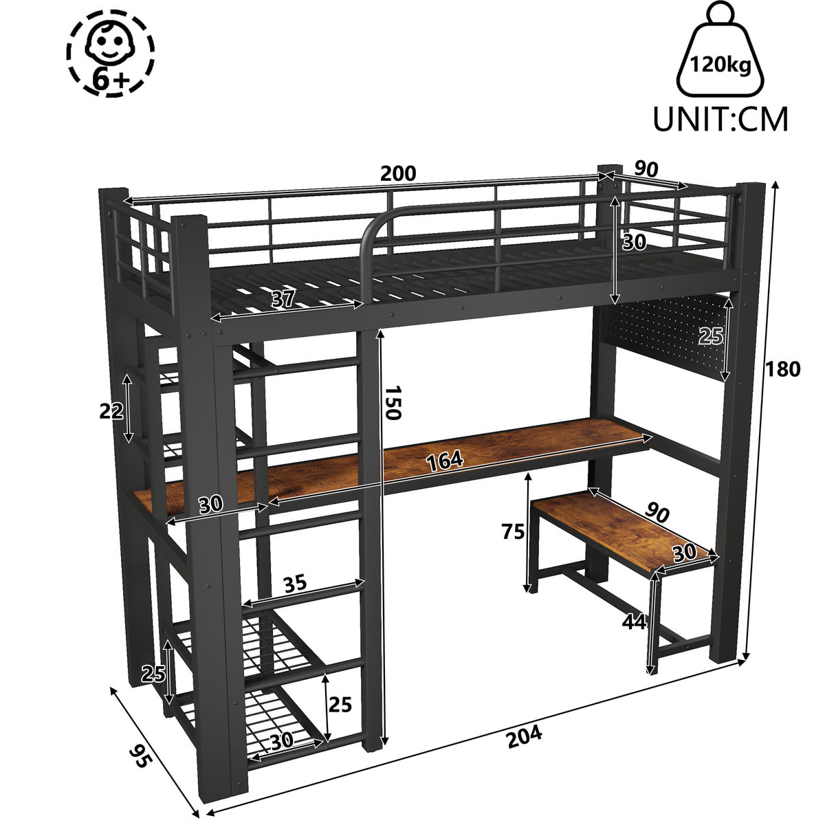 Loft Bed 90x200cm with LED Light & Desk - Black Metal