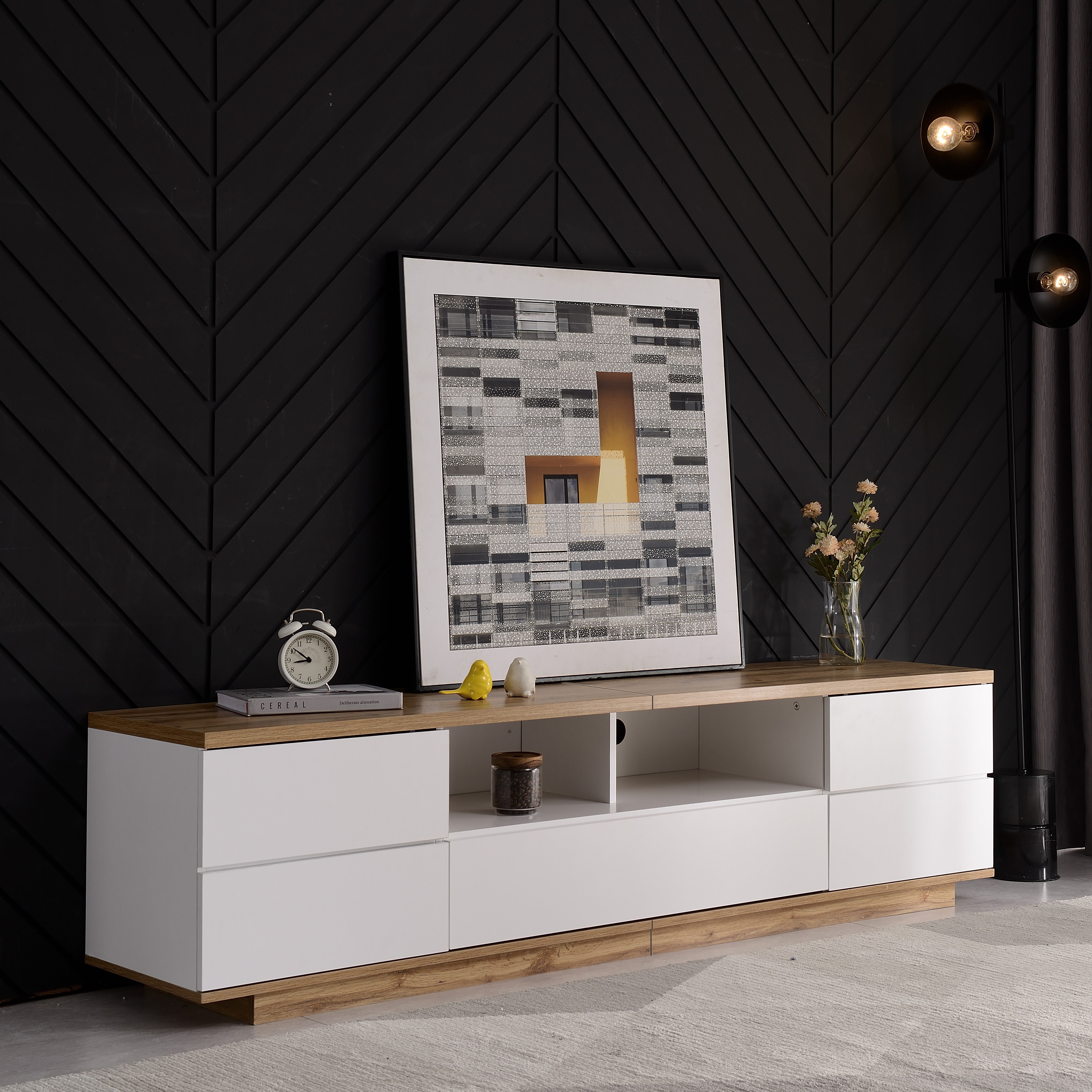 TV Cabinet Modern Color-Block 180cm Wood Grain Finish White