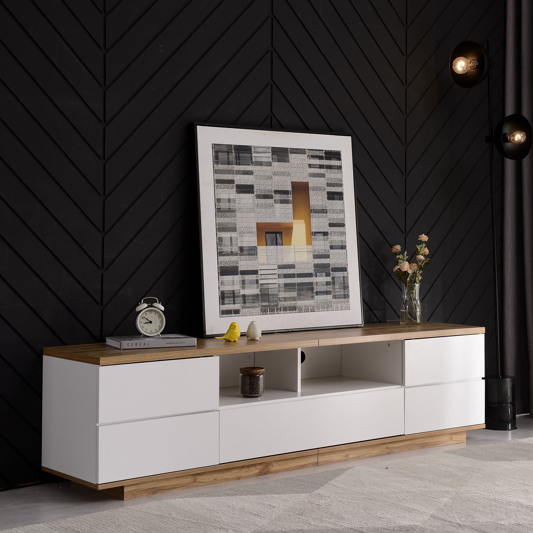 TV Cabinet Modern Color-Block 180cm Wood Grain Finish White