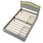 Upholstered Bed with LED Lights, 2 Drawers and Adjustable Headboard, Grey Linen