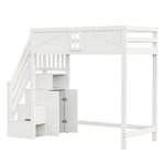 Solid Wood Loft Bed 90x200cm with Safety Door & Ladder, White