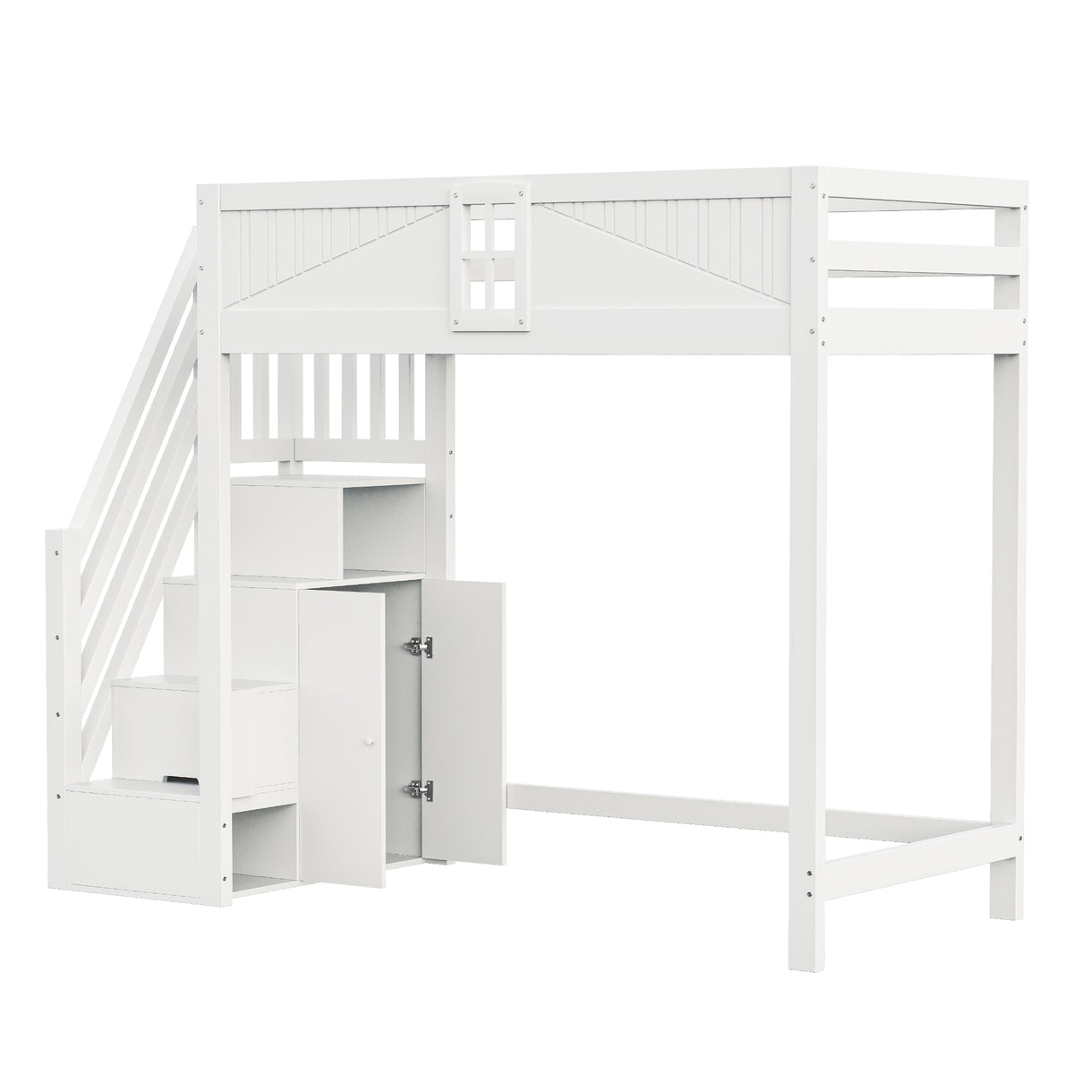 Solid Wood Loft Bed 90x200cm with Safety Door & Ladder, White
