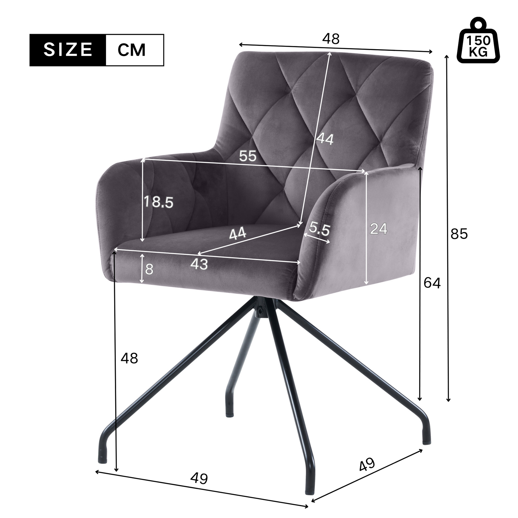 Set of 2 Dining Armchairs Upholstered Diamond Pattern Metal Legs Velvet Grey