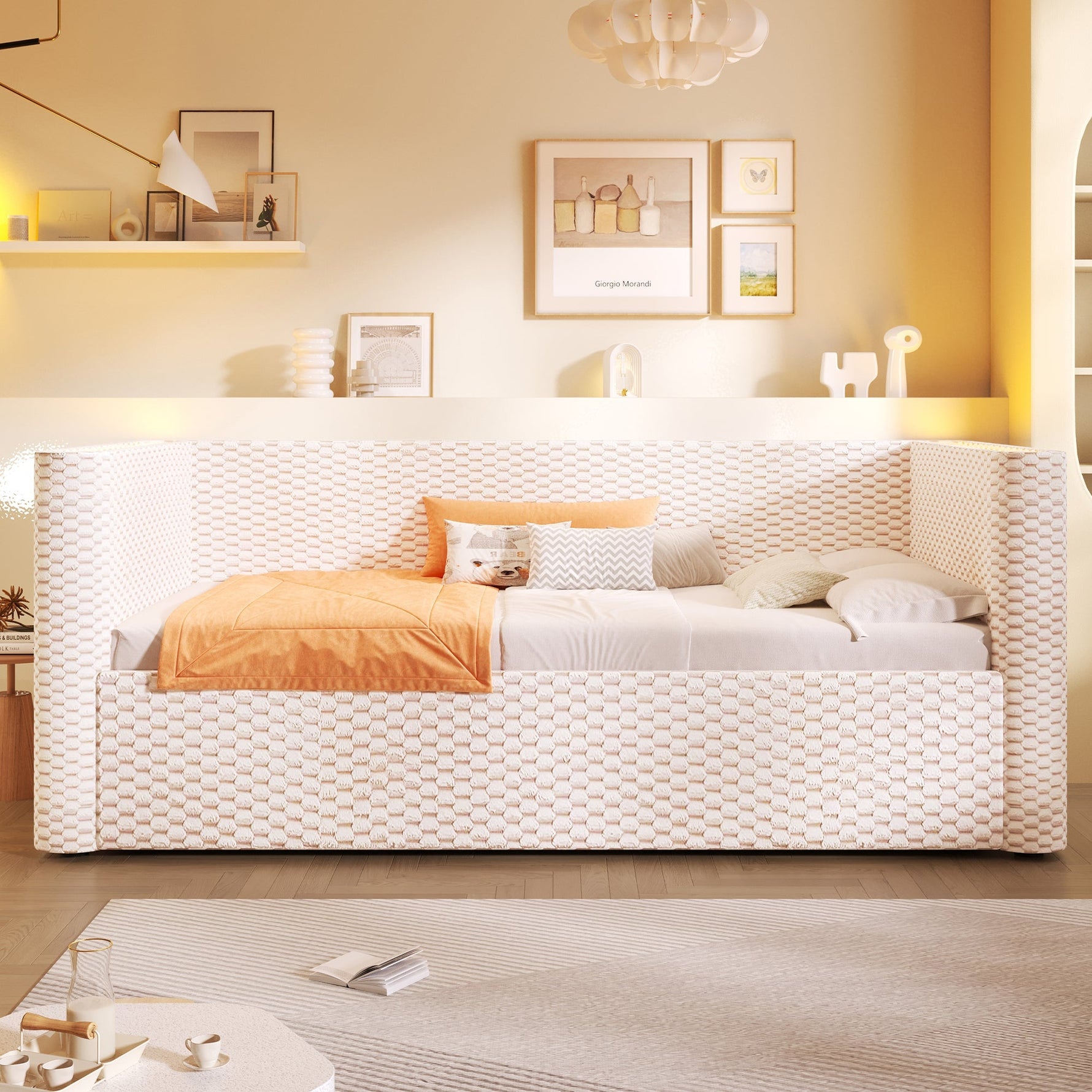 Daybed Sofa Bed 90x200cm Hydraulic Storage LED Lighting Velvet Beige