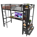 Loft Bed 90x200cm with Desk, Drying Rack, Storage, USB/Type-C & LED - Black Iron Frame