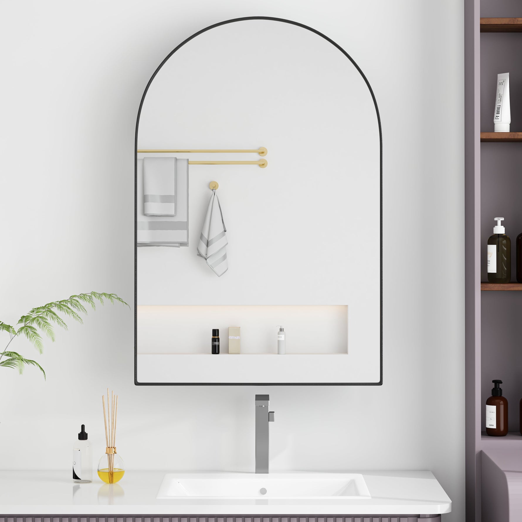 Arched Mirror Cabinet, Recessed Medicine Wall Storage, Black Metal Framed