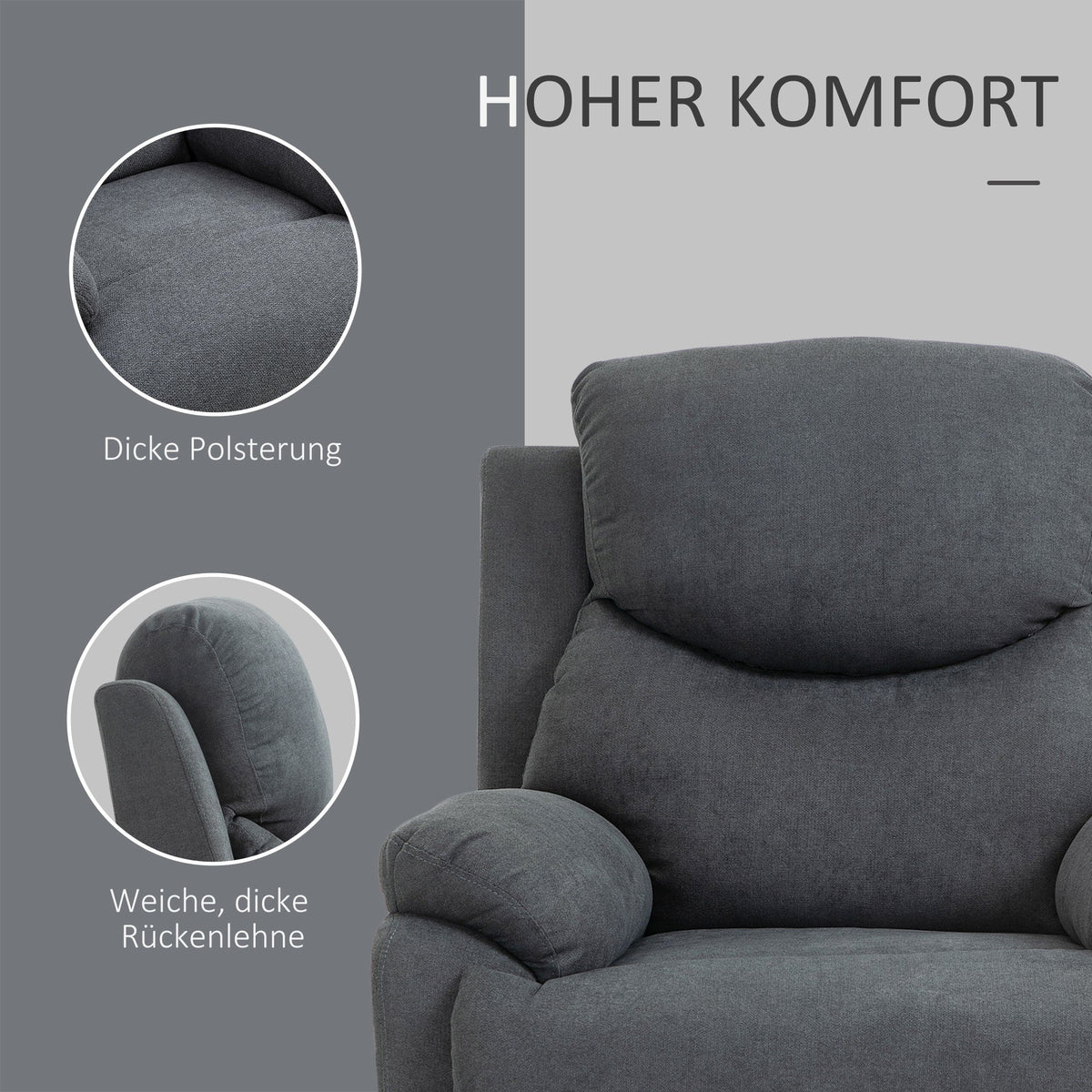 Reclining Armchair, 150° Tiltable for Living Room, Dark Grey Linen Look